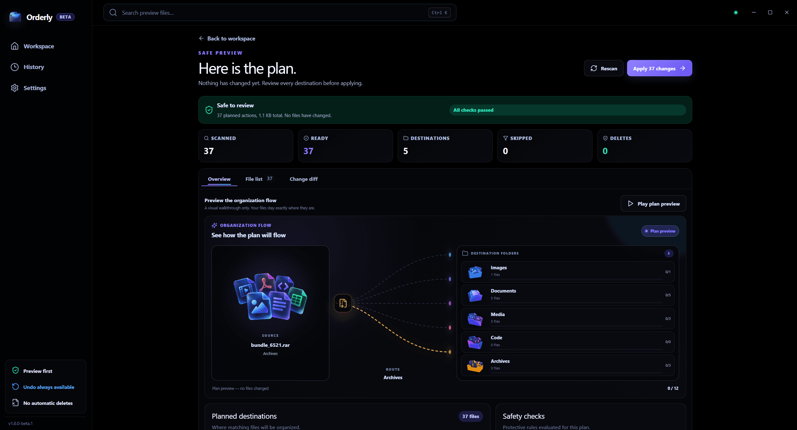 Orderly Preview showing a proposed file organization plan