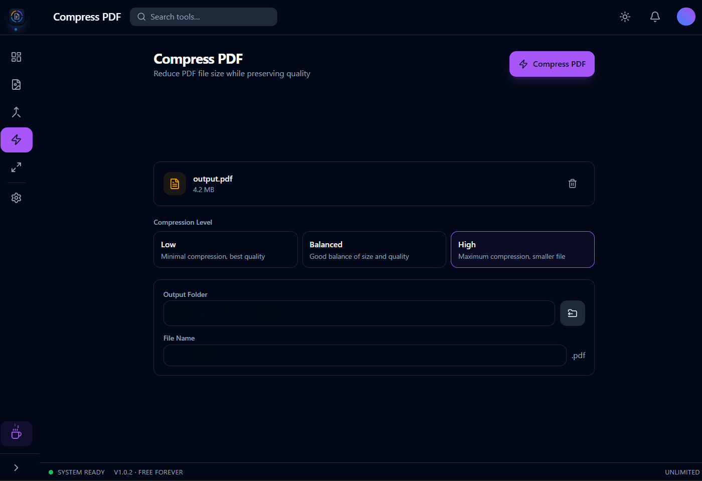 Orenvo PDF compression workspace with quality and output controls