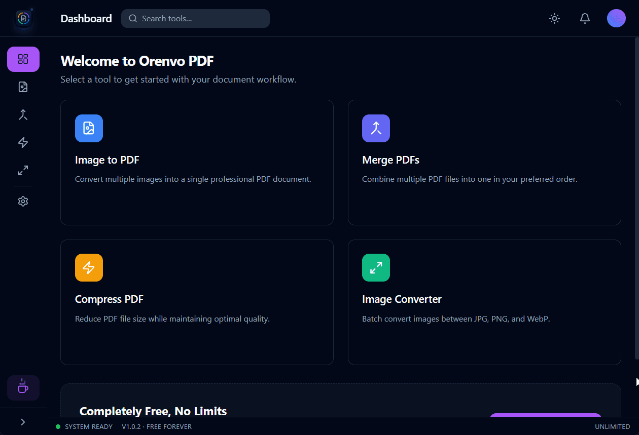Orenvo PDF dashboard with four local tools