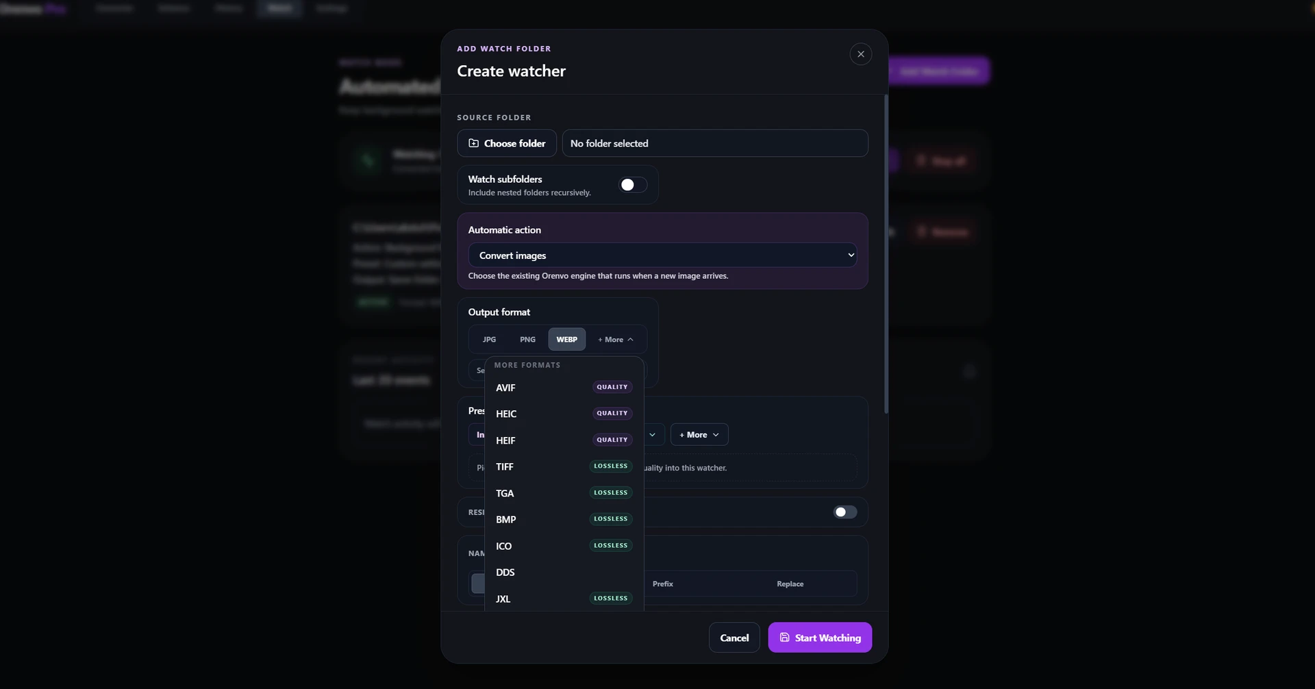 Orenvo Pro 5.3 Watch Mode conversion settings