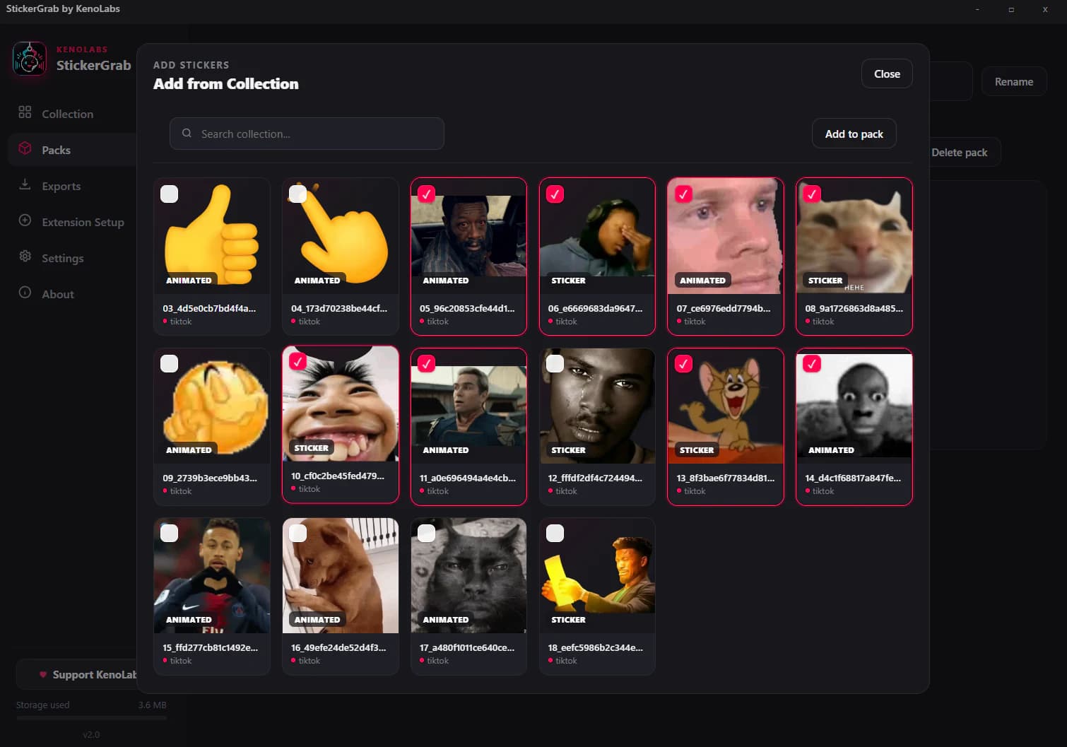 StickerGrab sticker pack builder and selection modal for Telegram