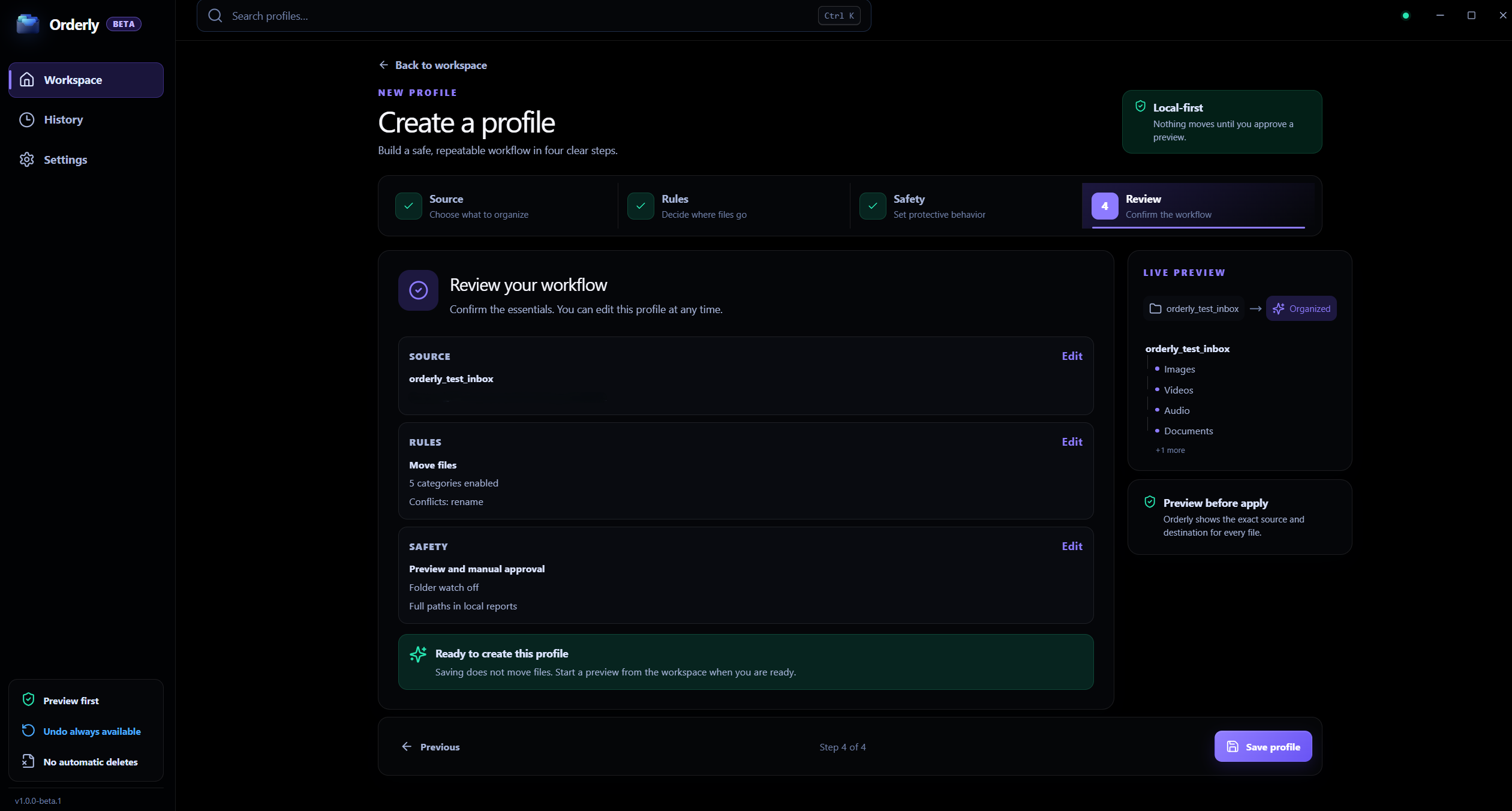 Authentic Orderly profile screen; visible names and values are illustrative sample data