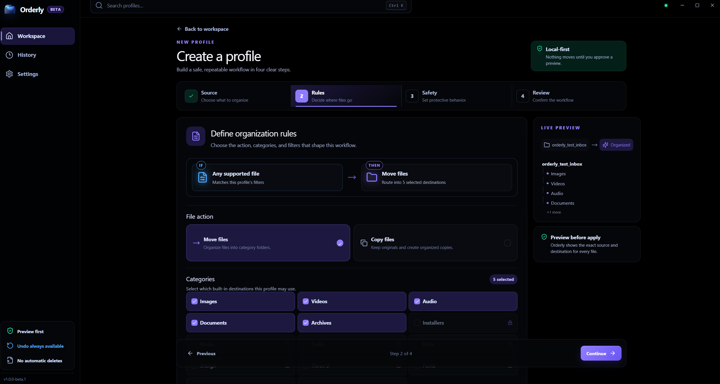 Orderly real Windows profile rules screen with illustrative sample settings