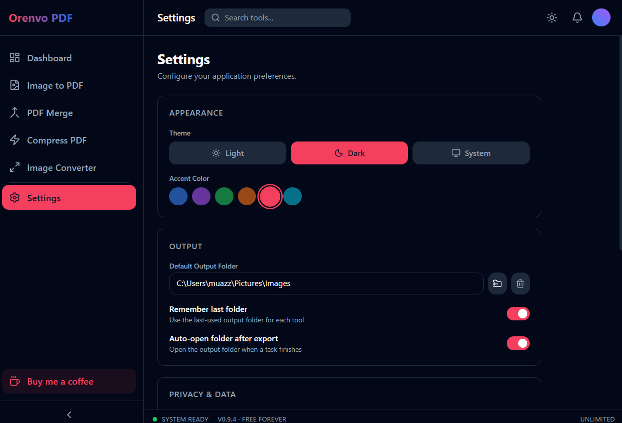 Orenvo PDF settings