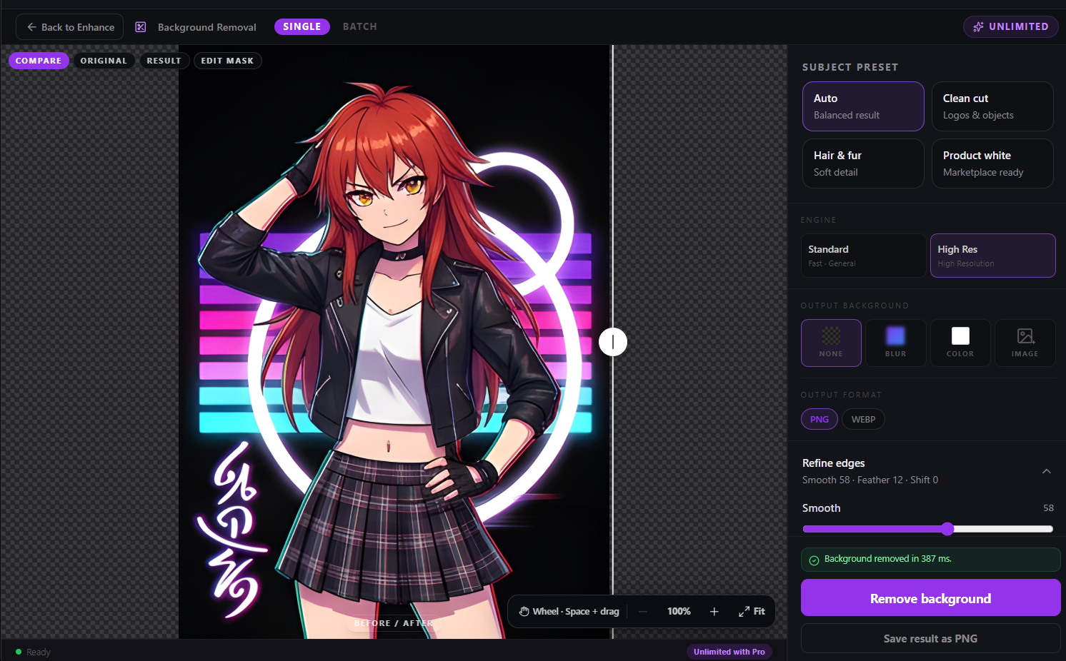 Orenvo Pro Background Removal comparison workspace
