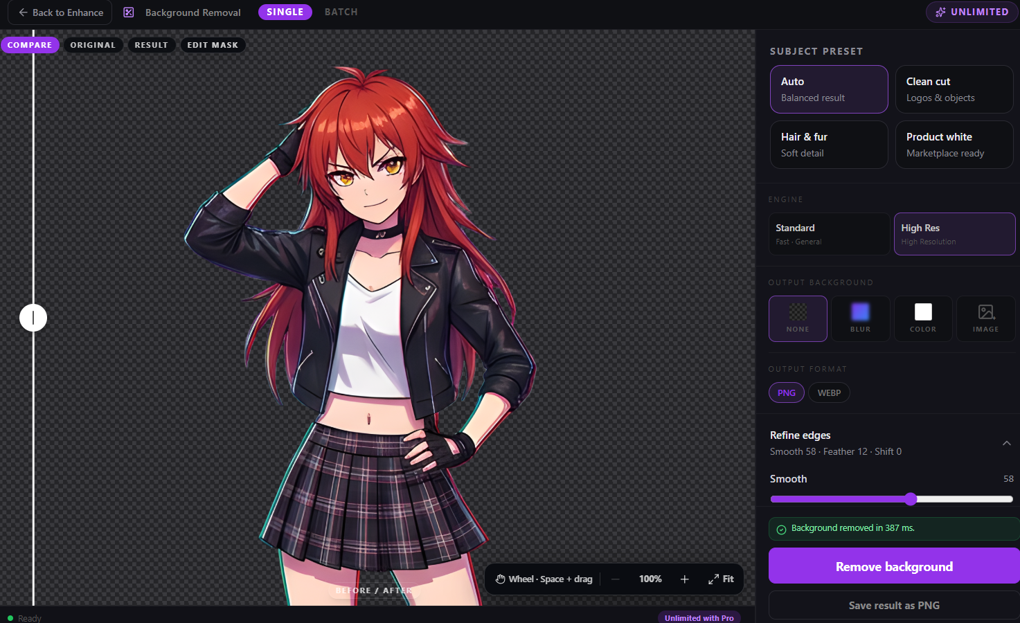 Orenvo Pro background removal result workspace
