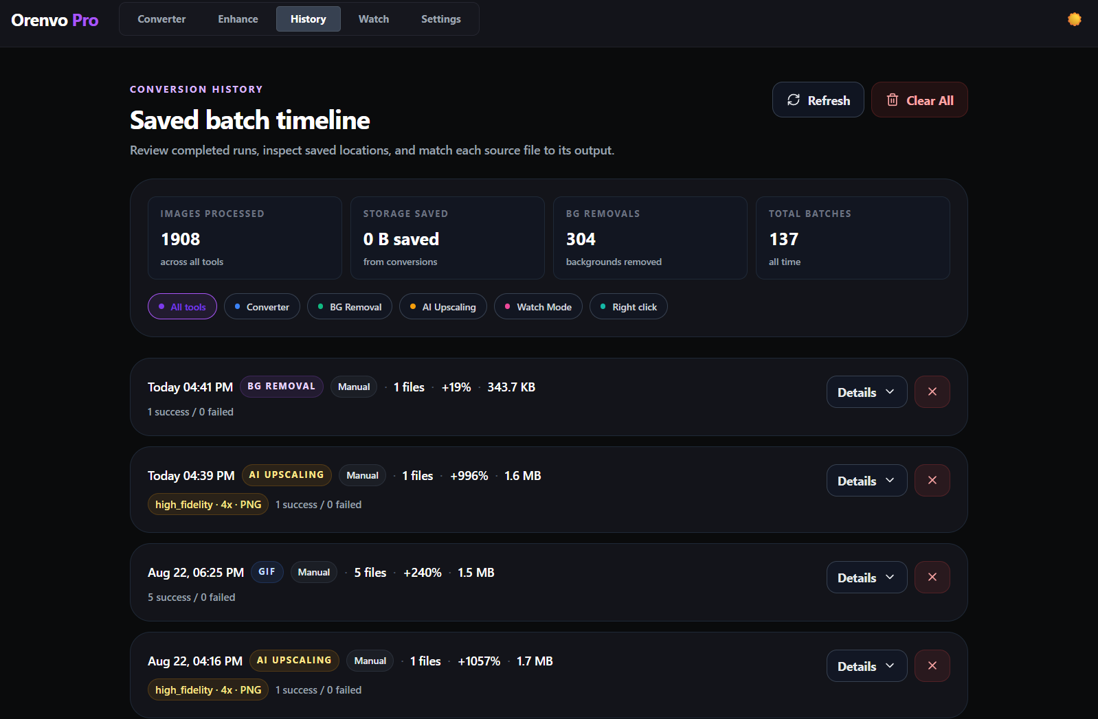 Orenvo Pro conversion history with saved batch timeline