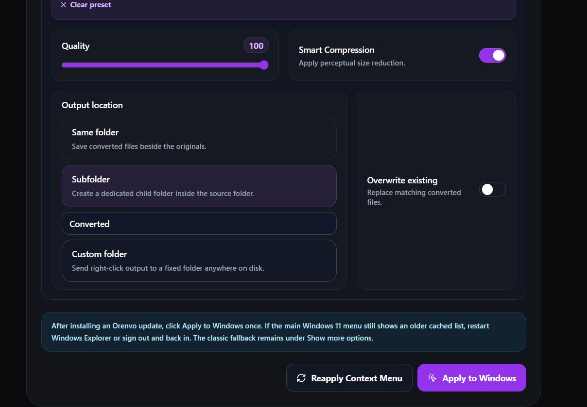 Orenvo Pro Explorer action output settings