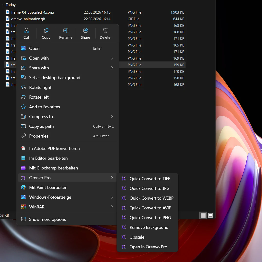 Orenvo Pro 5.2 commands in the Windows 11 right-click menu