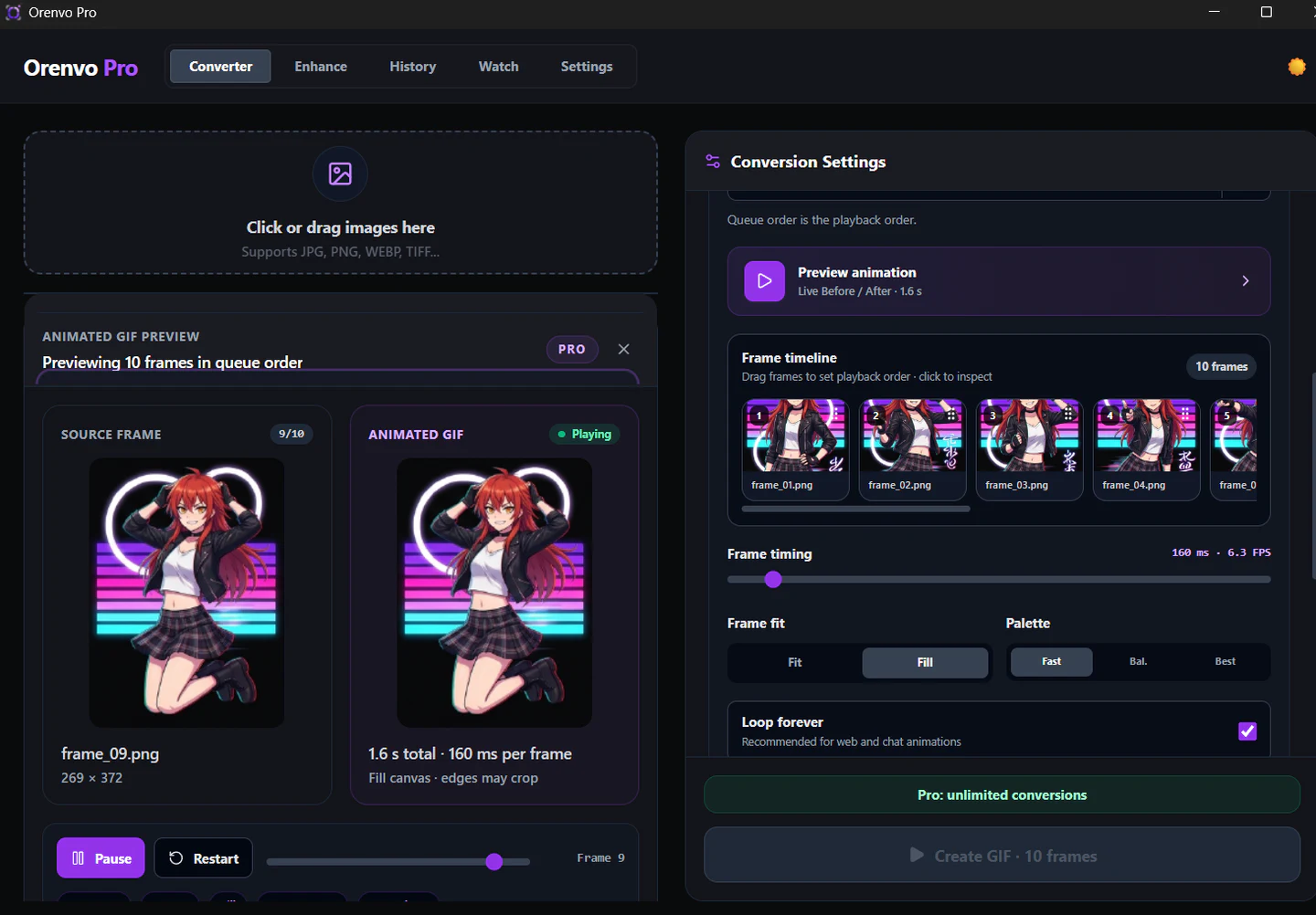 Orenvo Pro 5.2 animated GIF Creator with timeline and live preview