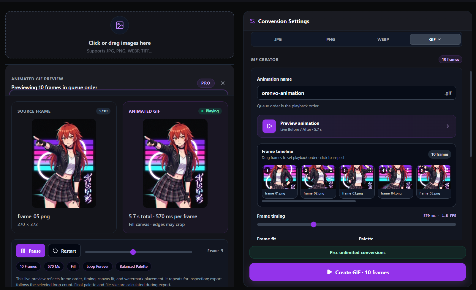 Orenvo Pro GIF Creator timeline and animated preview