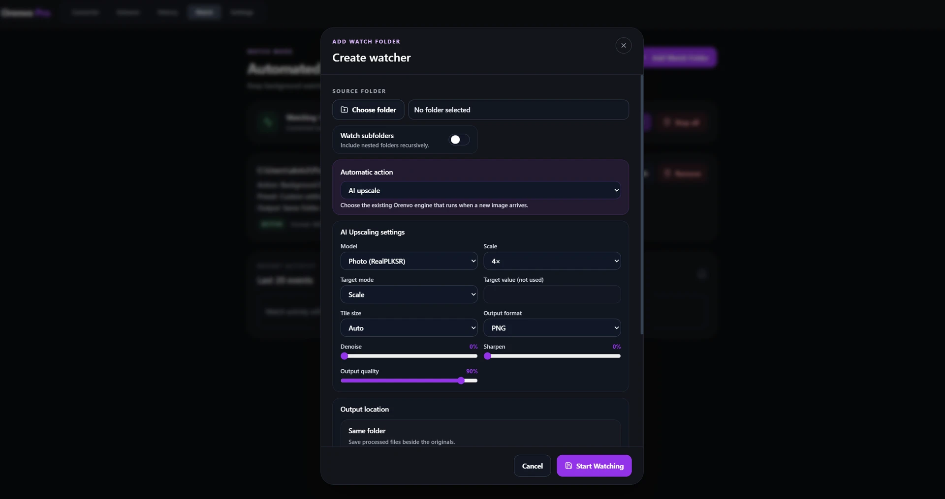 Orenvo Pro 5.3 Watch Mode AI Upscaling model, scale, tile, denoise, sharpen, and output settings