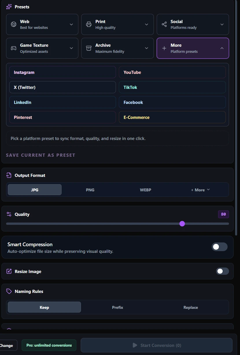 Orenvo Pro 5.4 Beta 1 Converter presets for web, print, social, game textures, archives, and platforms