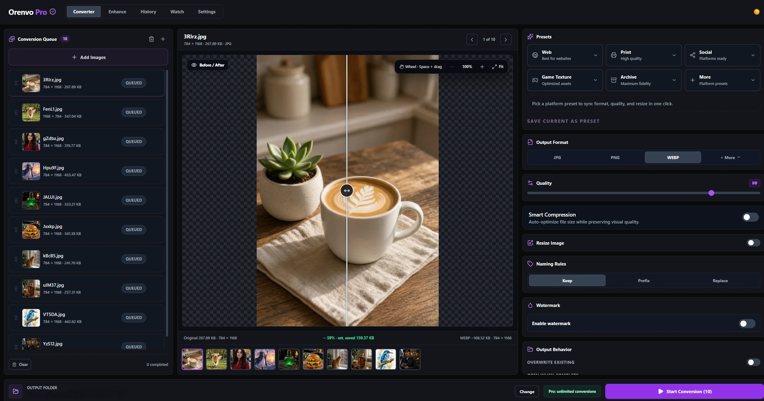 Orenvo Pro 5.4 Beta 1 three-column Converter with a reorderable queue, Before and After preview, presets, and output controls