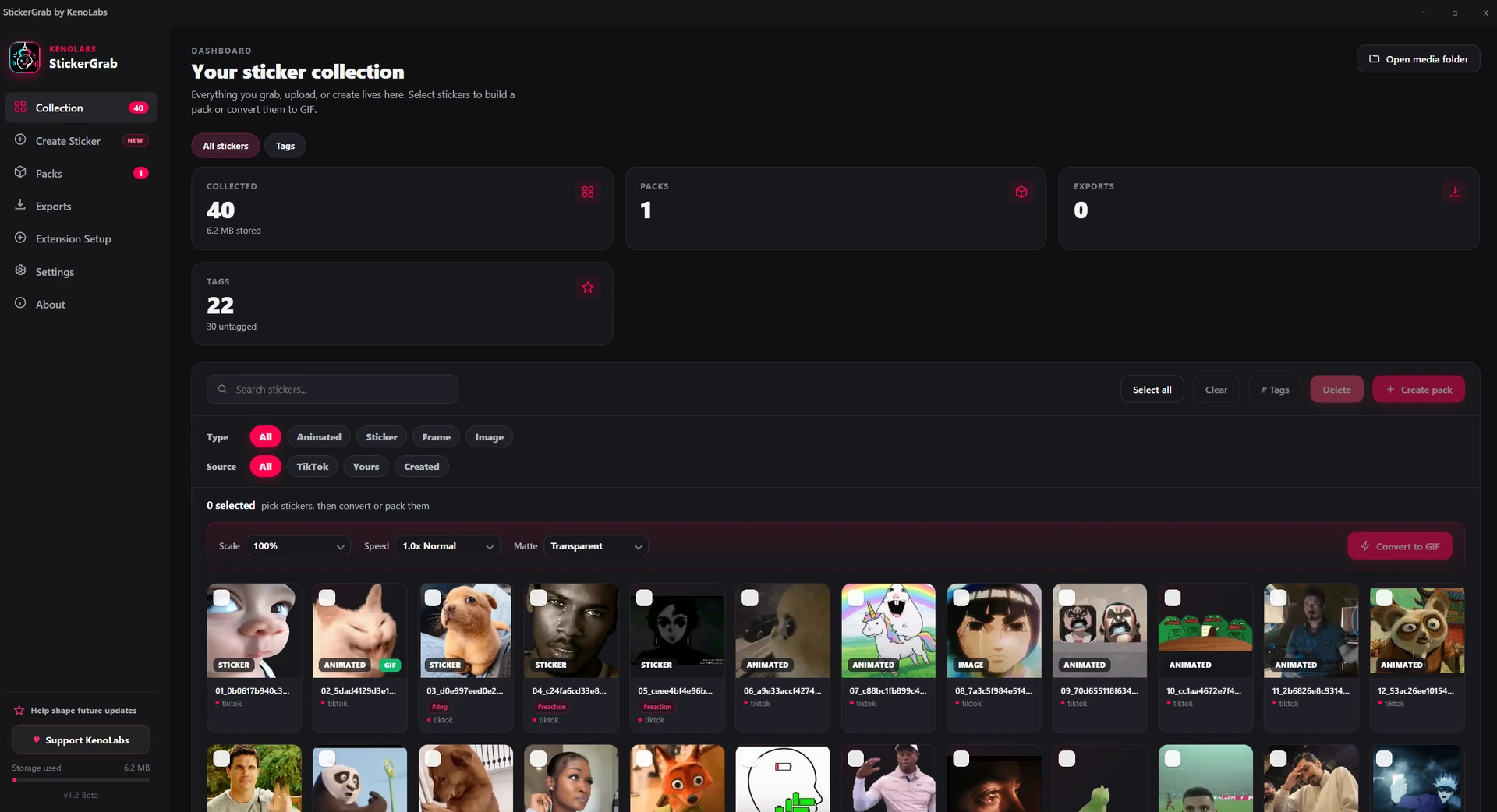 StickerGrab v1.2 Collection with name search, Tags view, filters, and local sticker cards