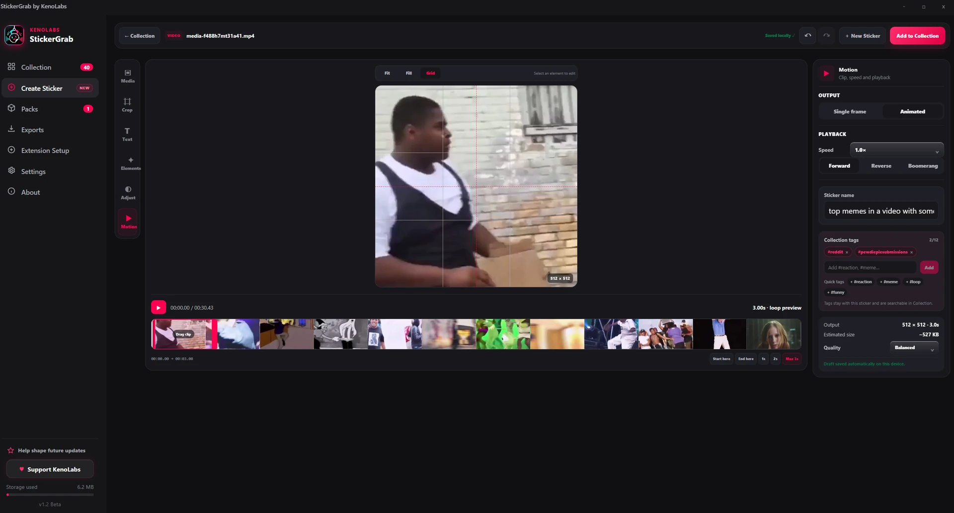 StickerGrab v1.2 motion editor with an editable Reddit name and Collection tags